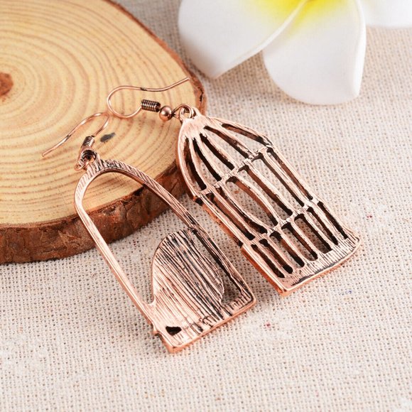 NEW Asymmetric Blue Birdcage Bird Cage Antique Bronze Dangle Earring - Present! - Picture 6 of 8